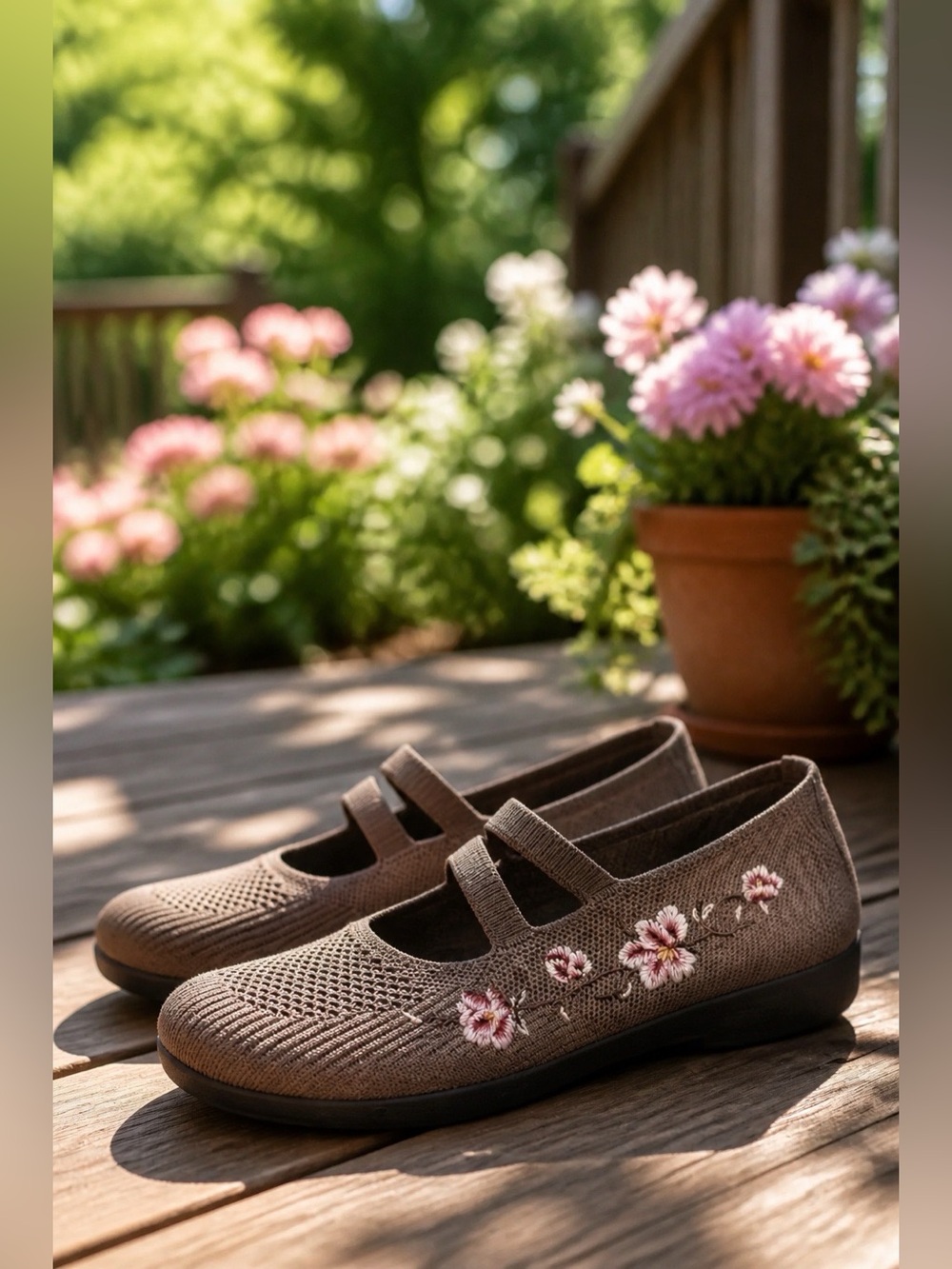 NWOB Women’s Brown Knit Slip On Mary Jane Flats with Pink Floral Embroidery 8